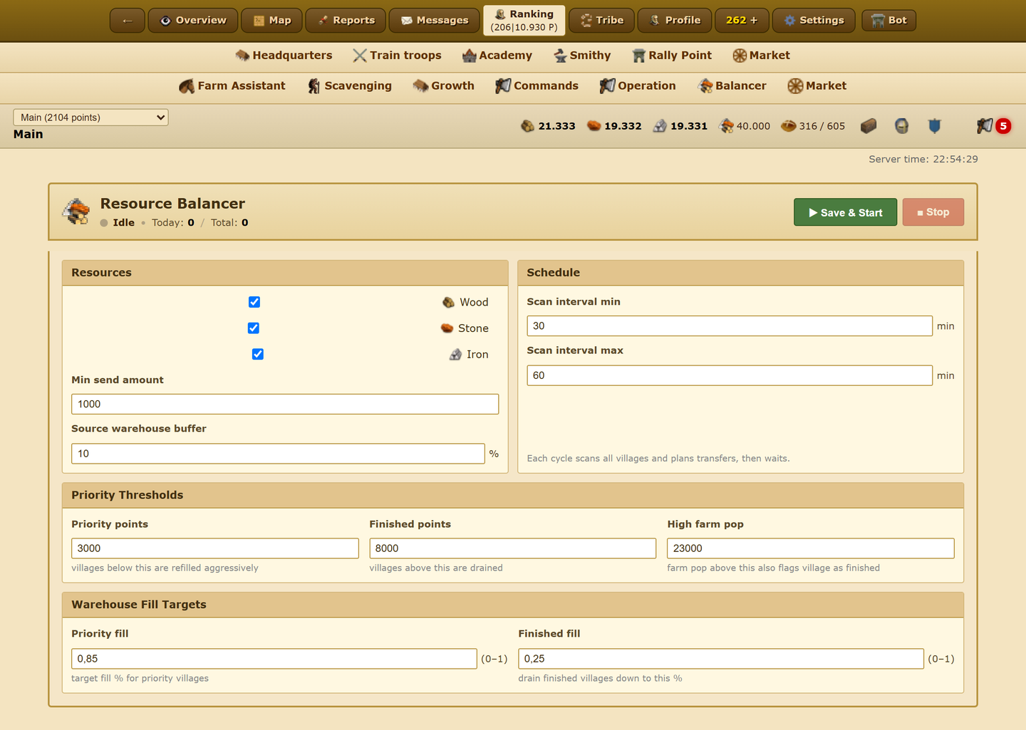 Resource balancer settings in the SNT Cloud panel
